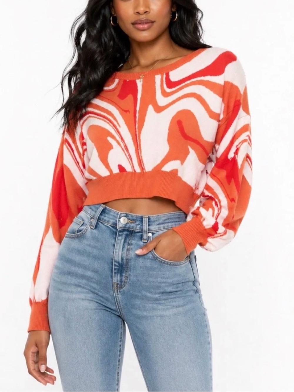 Altered State Psychedelic Orange Pink Swirl Cropped Sweater, balloon sleeves M